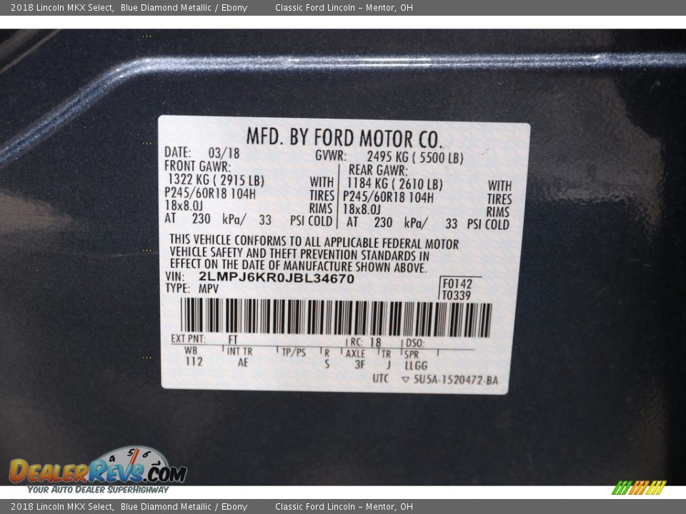 2018 Lincoln MKX Select Blue Diamond Metallic / Ebony Photo #25