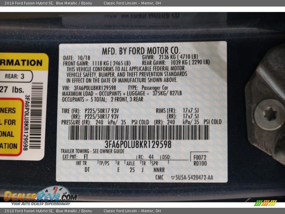 2019 Ford Fusion Hybrid SE Blue Metallic / Ebony Photo #27