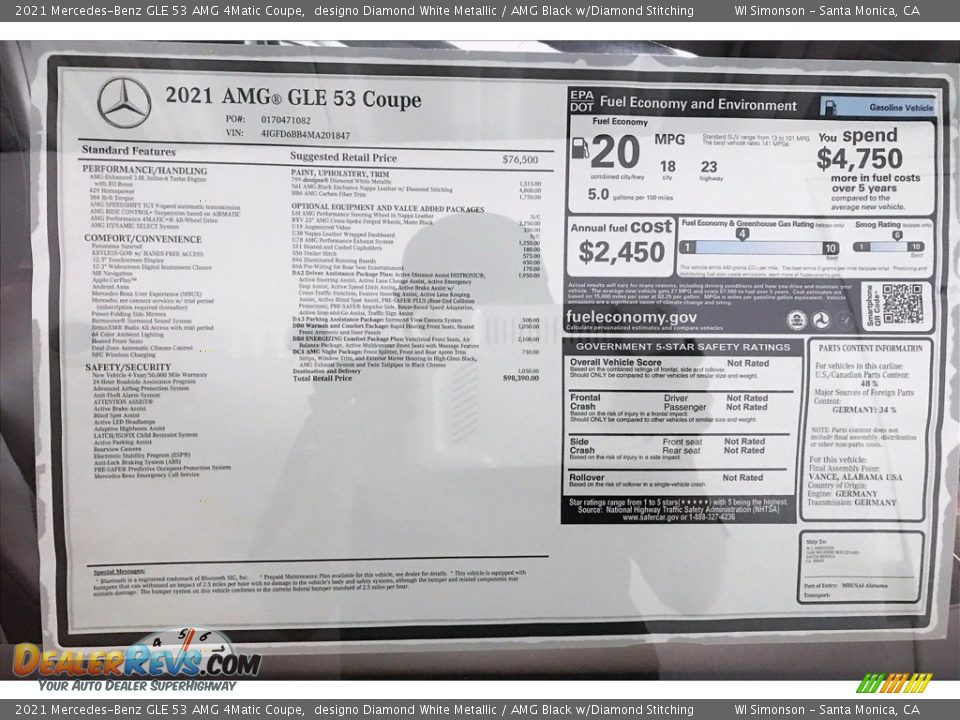 2021 Mercedes-Benz GLE 53 AMG 4Matic Coupe Window Sticker Photo #11