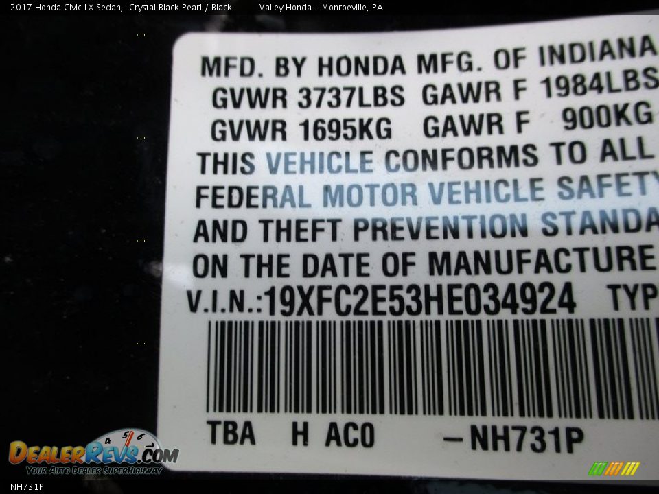 Honda Color Code NH731P Crystal Black Pearl