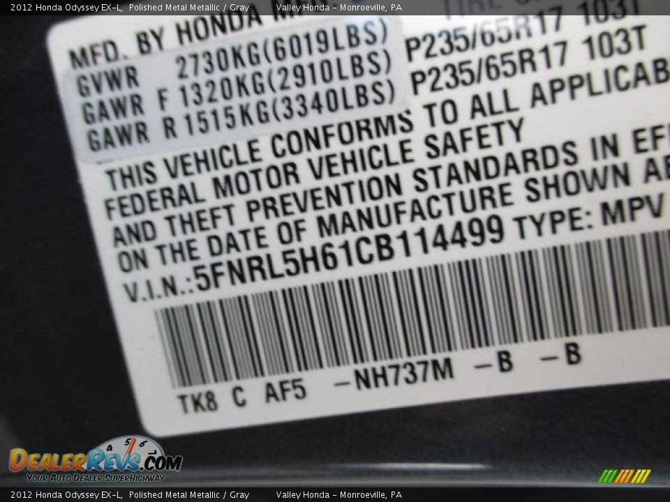 2012 Honda Odyssey EX-L Polished Metal Metallic / Gray Photo #19