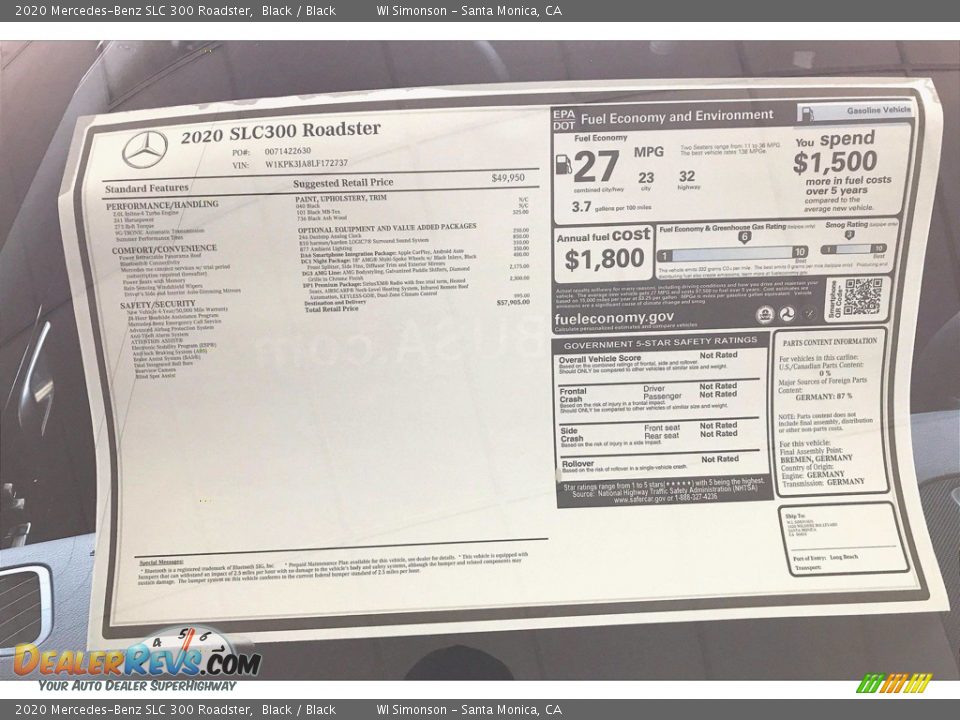 2020 Mercedes-Benz SLC 300 Roadster Window Sticker Photo #10