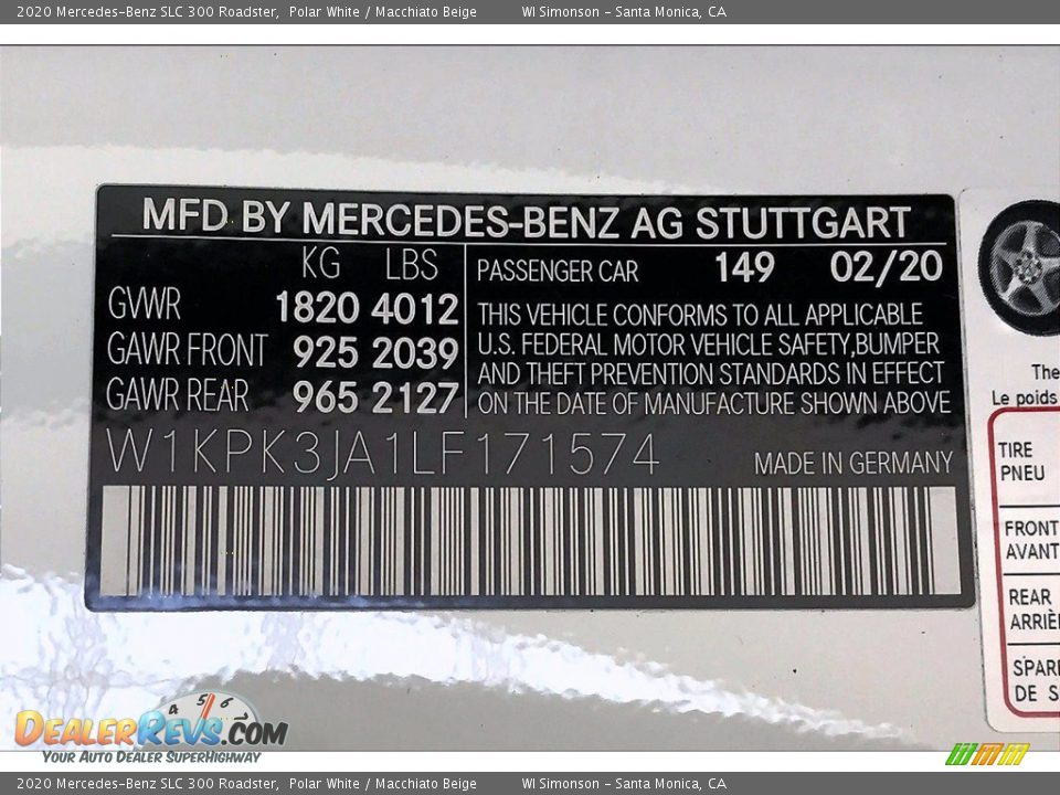 2020 Mercedes-Benz SLC 300 Roadster Polar White / Macchiato Beige Photo #11