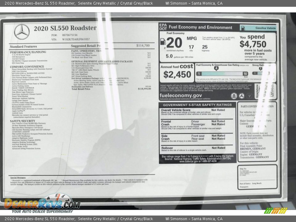 2020 Mercedes-Benz SL 550 Roadster Window Sticker Photo #10