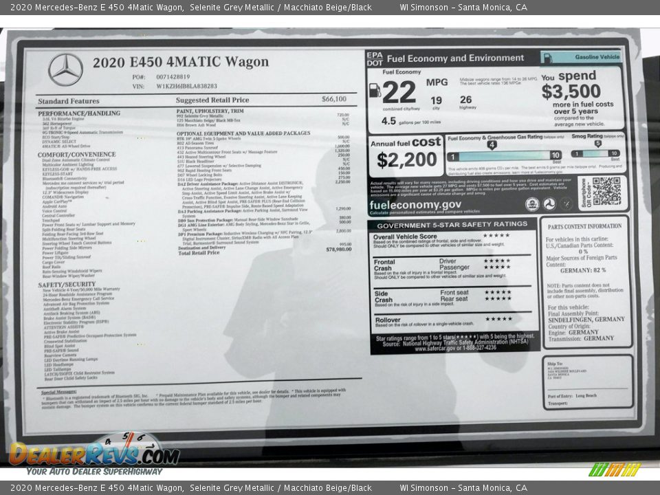 2020 Mercedes-Benz E 450 4Matic Wagon Window Sticker Photo #10