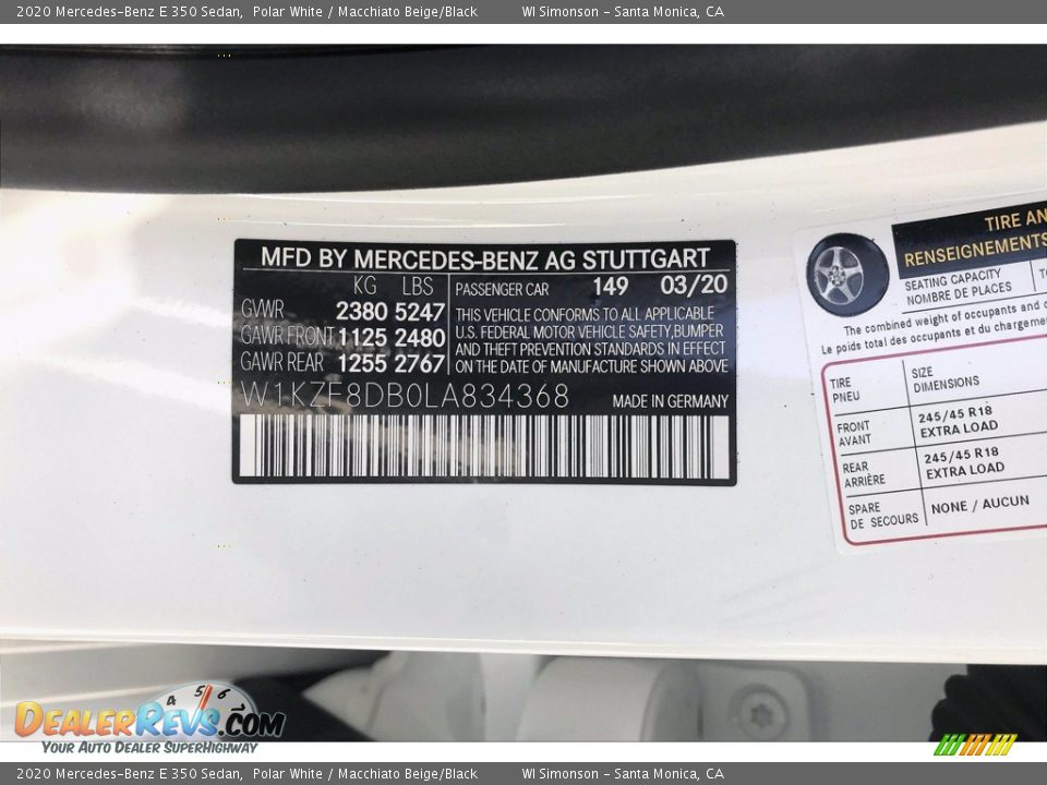 2020 Mercedes-Benz E 350 Sedan Polar White / Macchiato Beige/Black Photo #11
