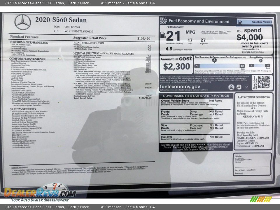 2020 Mercedes-Benz S 560 Sedan Black / Black Photo #10