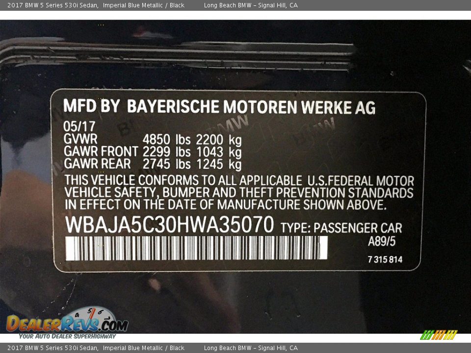 2017 BMW 5 Series 530i Sedan Imperial Blue Metallic / Black Photo #36