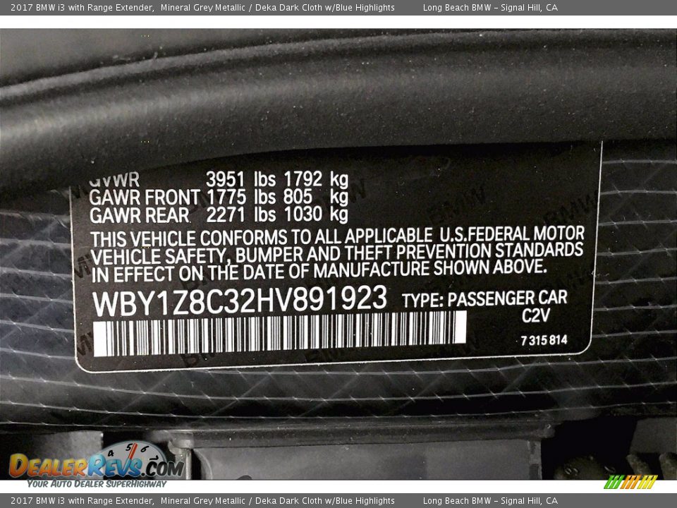 2017 BMW i3 with Range Extender Mineral Grey Metallic / Deka Dark Cloth w/Blue Highlights Photo #34
