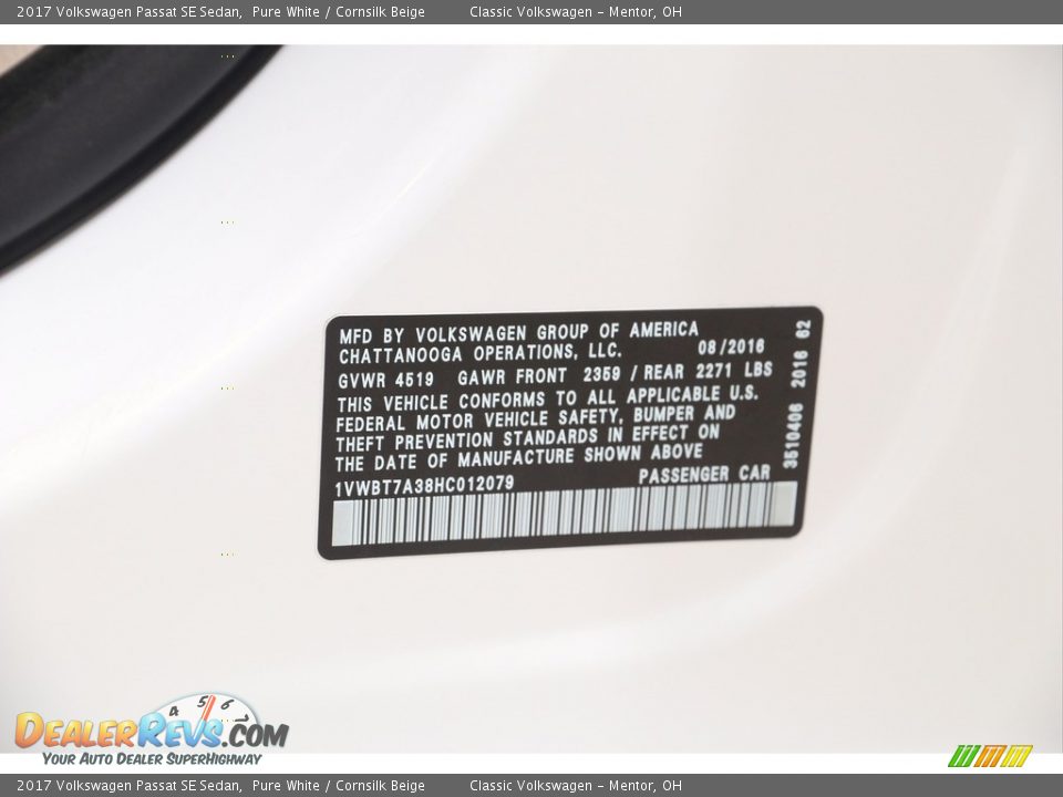 2017 Volkswagen Passat SE Sedan Pure White / Cornsilk Beige Photo #19