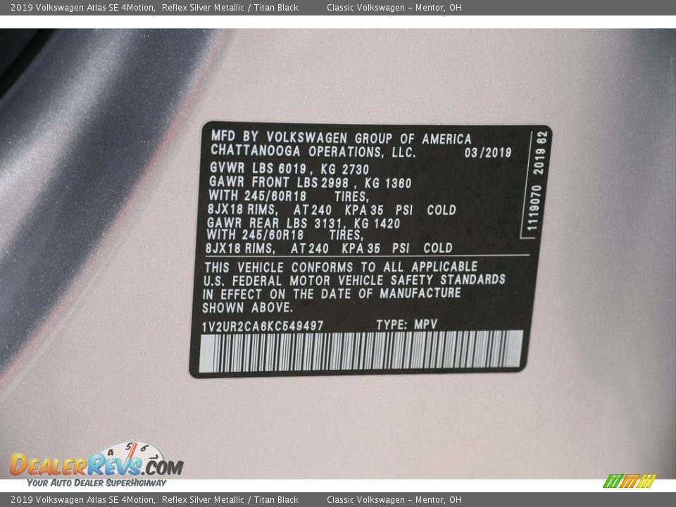 2019 Volkswagen Atlas SE 4Motion Reflex Silver Metallic / Titan Black Photo #19