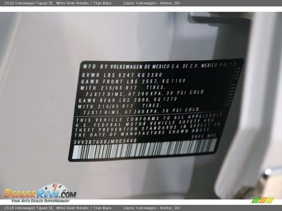 2018 Volkswagen Tiguan SE White Silver Metallic / Titan Black Photo #26