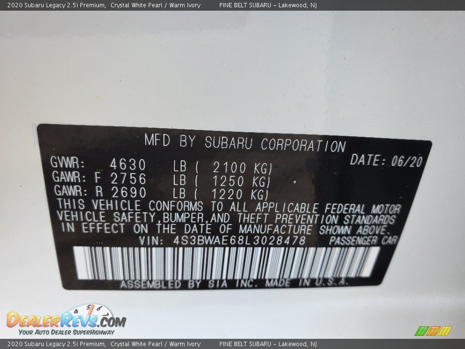 2020 Subaru Legacy 2.5i Premium Crystal White Pearl / Warm Ivory Photo #13