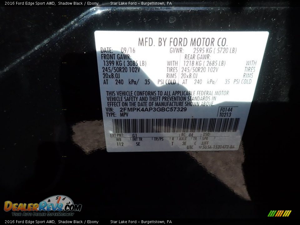 2016 Ford Edge Sport AWD Shadow Black / Ebony Photo #14