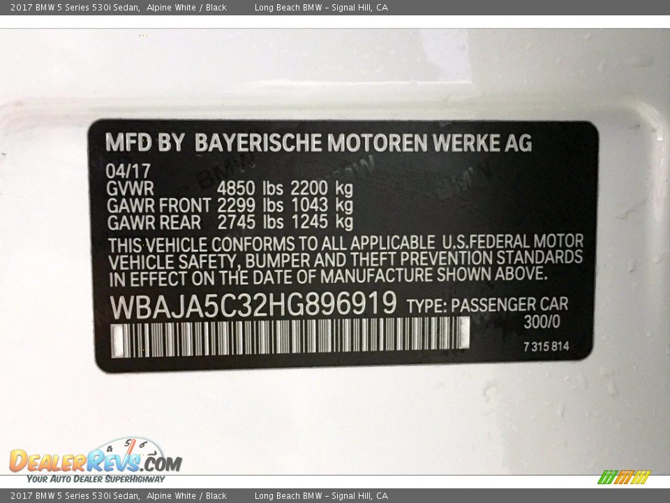 2017 BMW 5 Series 530i Sedan Alpine White / Black Photo #36
