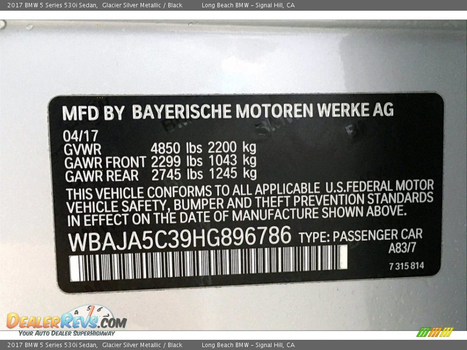 2017 BMW 5 Series 530i Sedan Glacier Silver Metallic / Black Photo #36