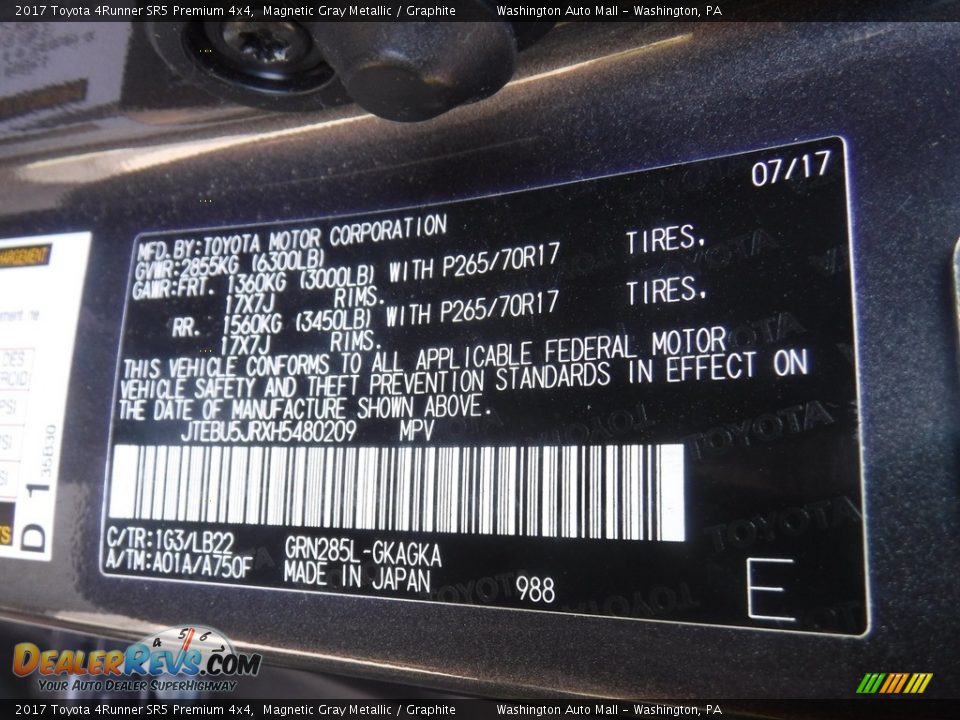 2017 Toyota 4Runner SR5 Premium 4x4 Magnetic Gray Metallic / Graphite Photo #31
