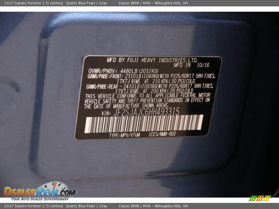 2017 Subaru Forester 2.5i Limited Quartz Blue Pearl / Gray Photo #25