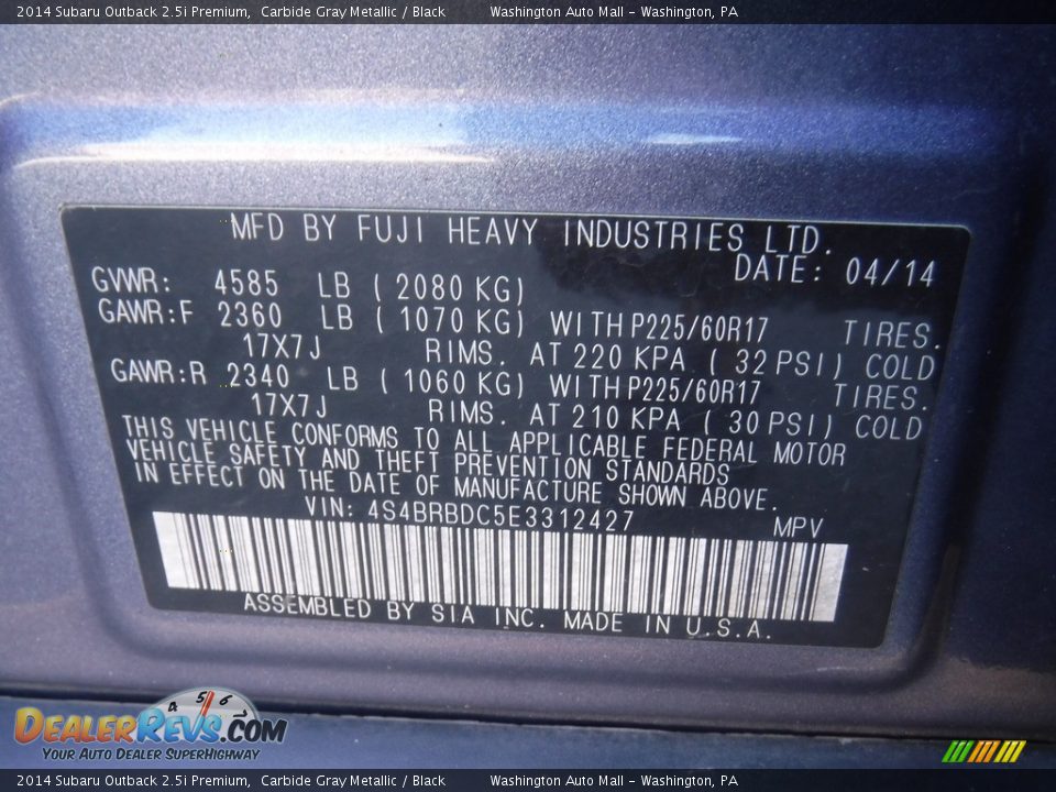 2014 Subaru Outback 2.5i Premium Carbide Gray Metallic / Black Photo #27