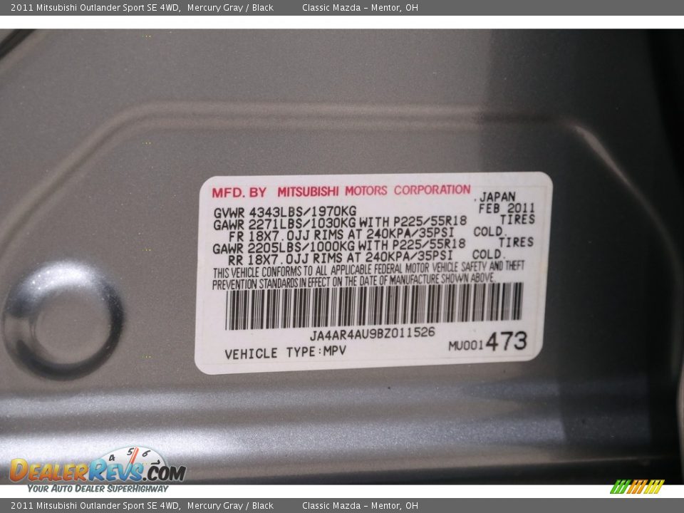2011 Mitsubishi Outlander Sport SE 4WD Mercury Gray / Black Photo #18