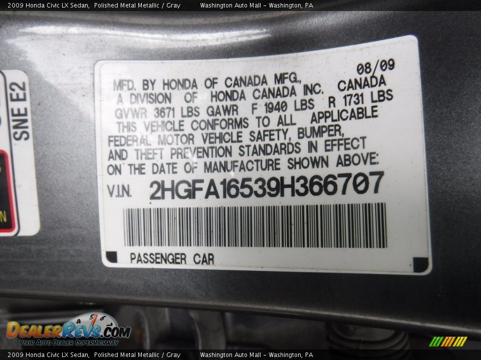 2009 Honda Civic LX Sedan Polished Metal Metallic / Gray Photo #24