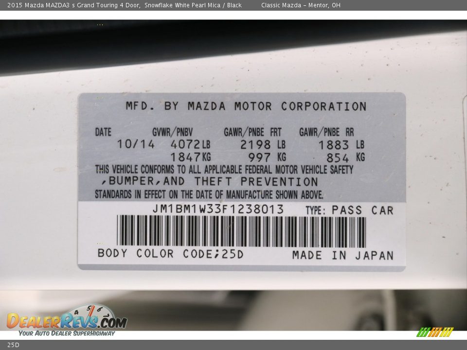 Mazda Color Code 25D Snowflake White Pearl Mica