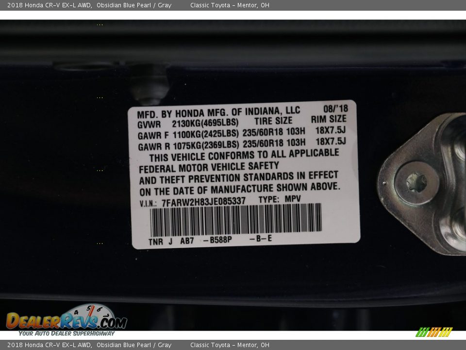 2018 Honda CR-V EX-L AWD Obsidian Blue Pearl / Gray Photo #18