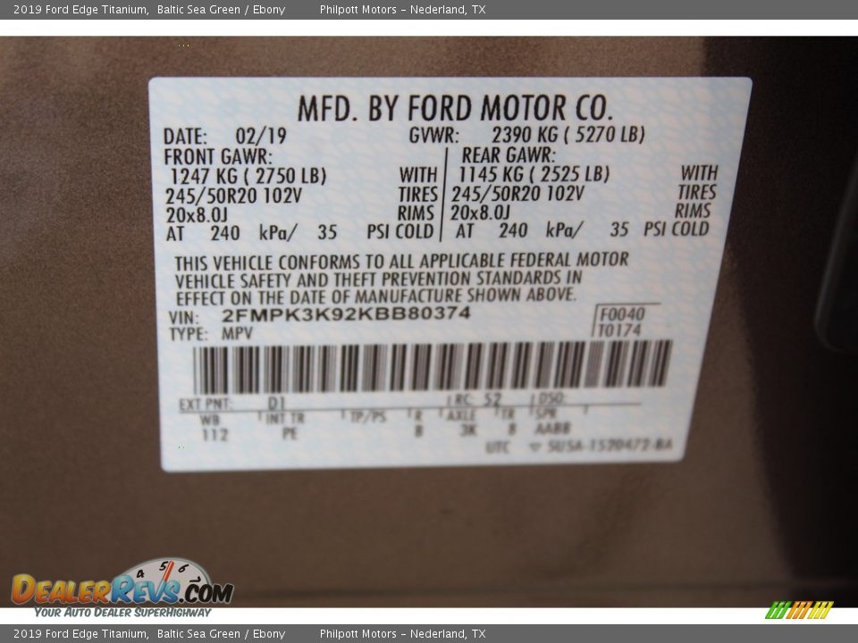 2019 Ford Edge Titanium Baltic Sea Green / Ebony Photo #27