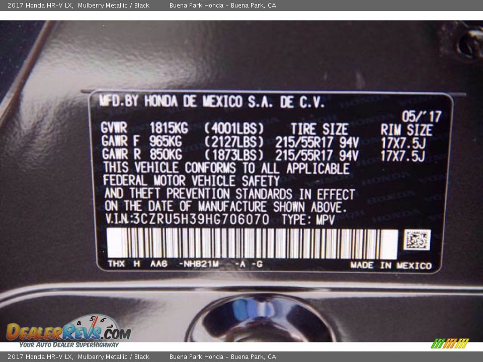 2017 Honda HR-V LX Mulberry Metallic / Black Photo #36