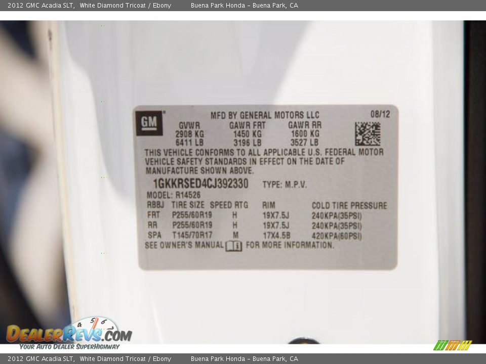 2012 GMC Acadia SLT White Diamond Tricoat / Ebony Photo #34
