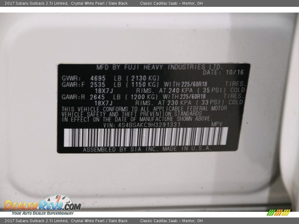 2017 Subaru Outback 2.5i Limited Crystal White Pearl / Slate Black Photo #19