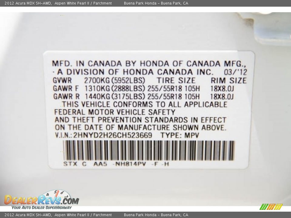 2012 Acura MDX SH-AWD Aspen White Pearl II / Parchment Photo #36