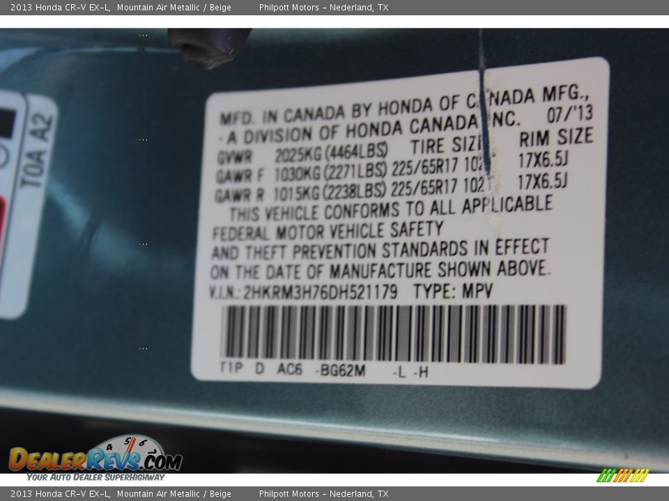 2013 Honda CR-V EX-L Mountain Air Metallic / Beige Photo #34