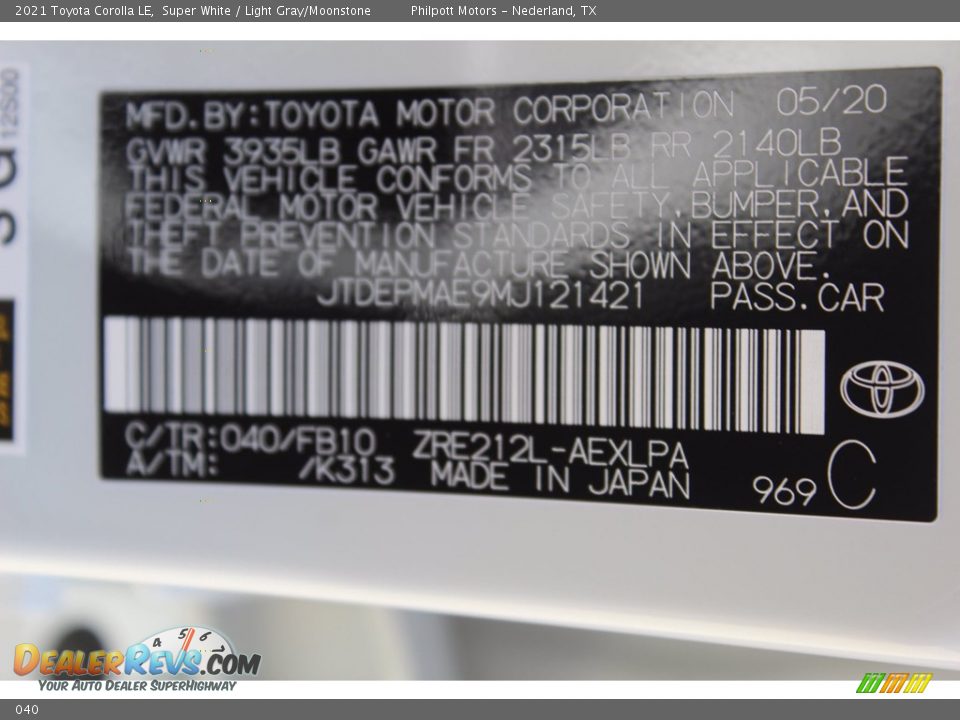 Toyota Color Code 040 Super White