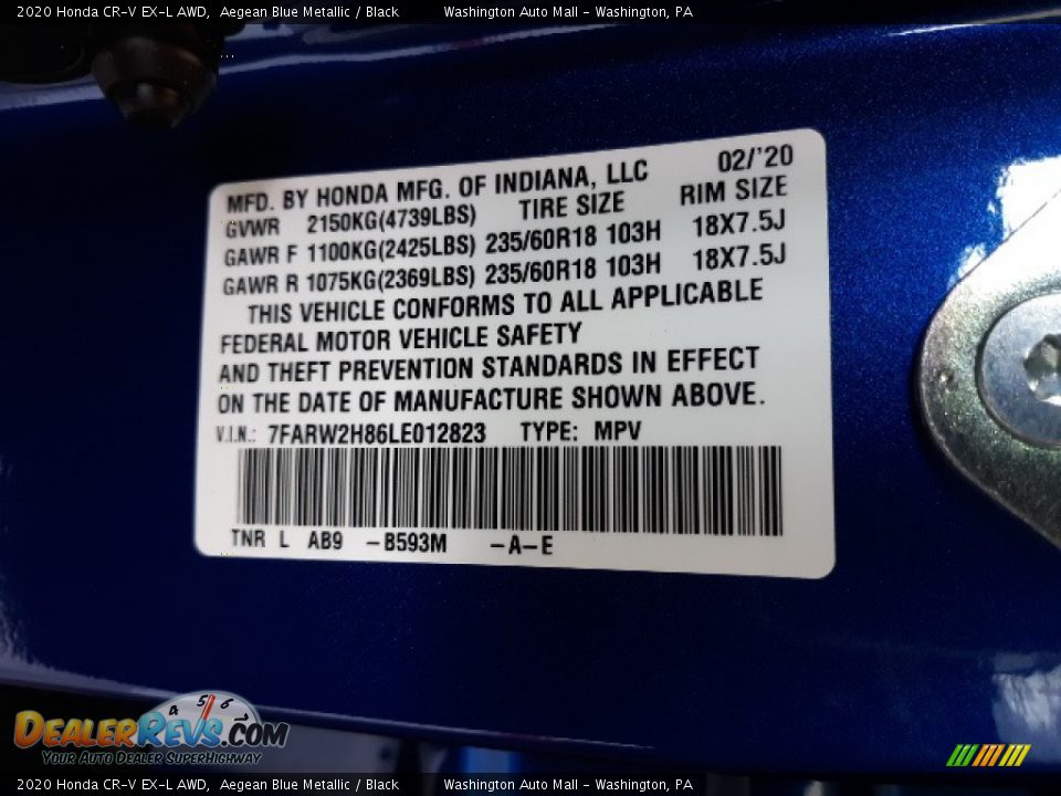 2020 Honda CR-V EX-L AWD Aegean Blue Metallic / Black Photo #35