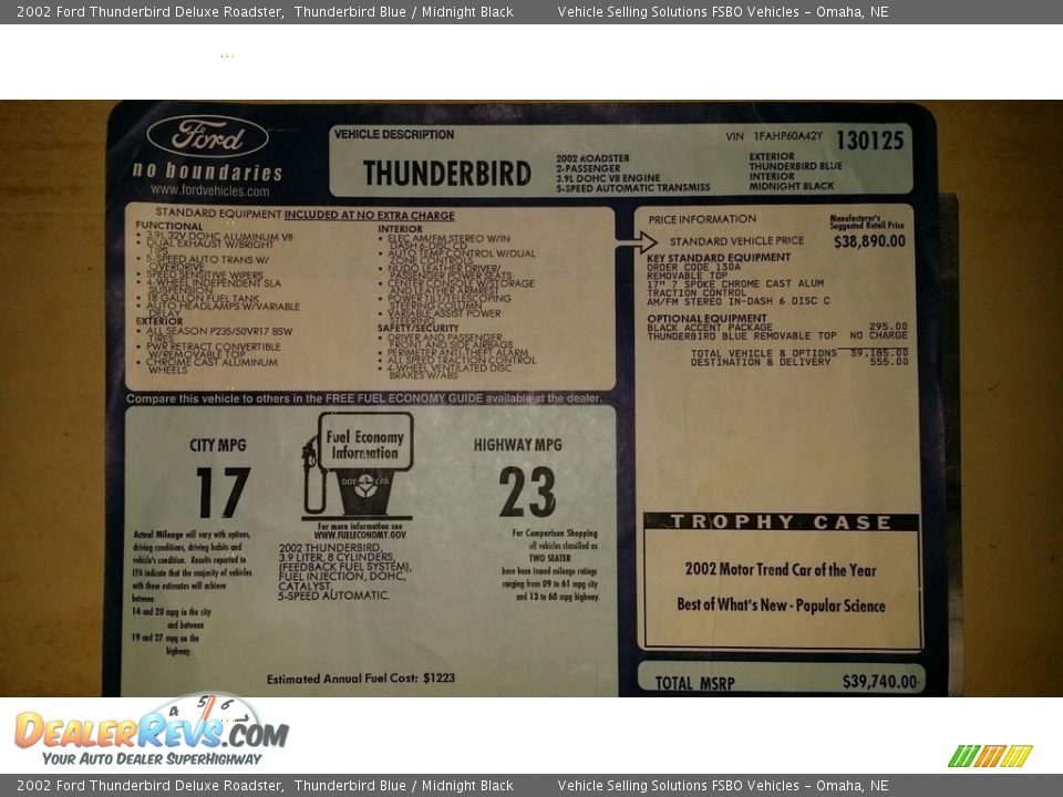 2002 Ford Thunderbird Deluxe Roadster Window Sticker Photo #9
