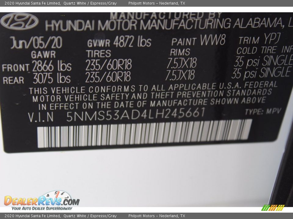 2020 Hyundai Santa Fe Limited Quartz White / Espresso/Gray Photo #25