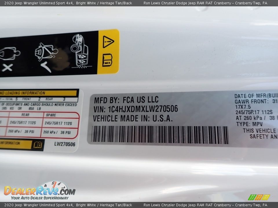 2020 Jeep Wrangler Unlimited Sport 4x4 Bright White / Heritage Tan/Black Photo #11