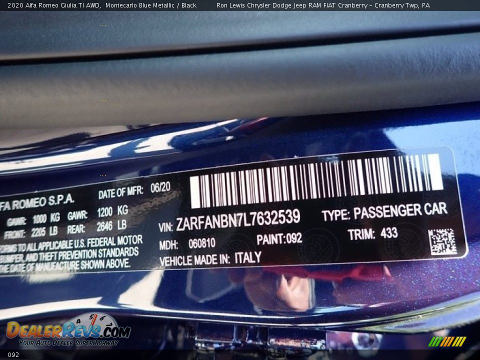 Alfa Romeo Color Code 092 Montecarlo Blue Metallic