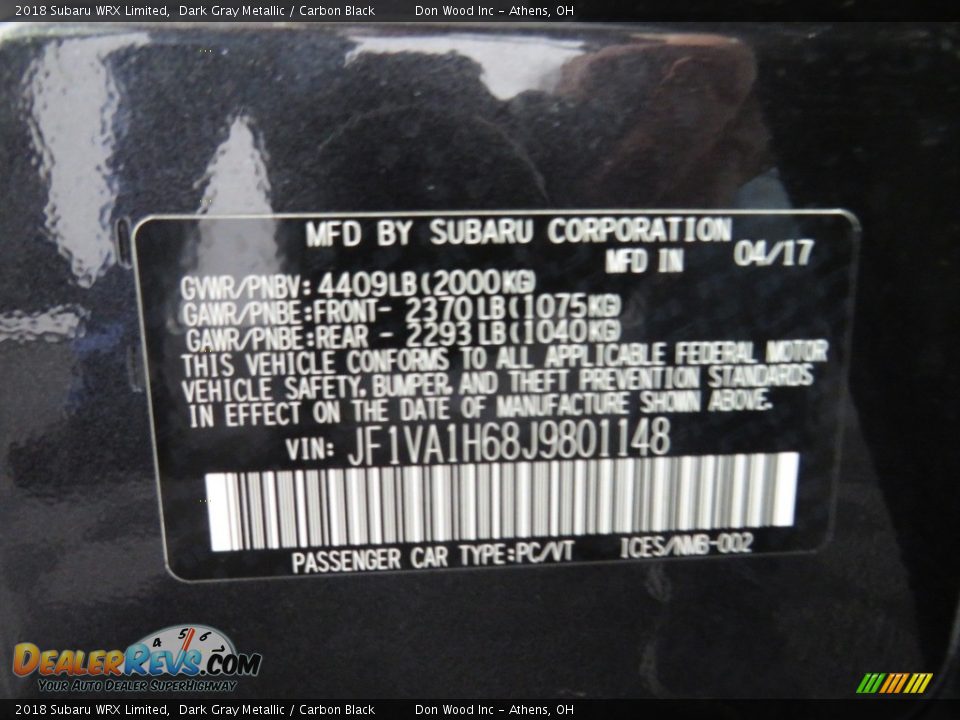 2018 Subaru WRX Limited Dark Gray Metallic / Carbon Black Photo #28