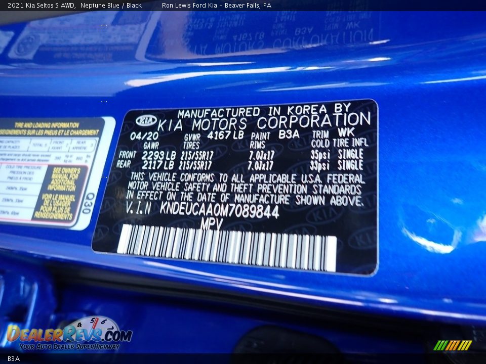 Kia Color Code B3A Neptune Blue