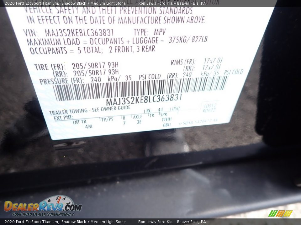 2020 Ford EcoSport Titanium Shadow Black / Medium Light Stone Photo #15