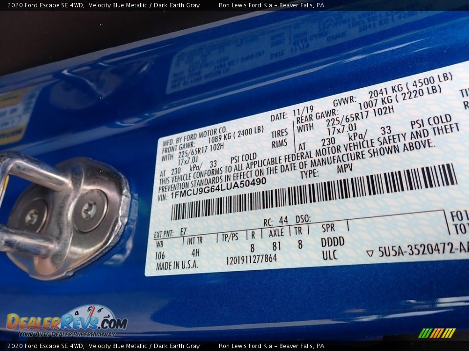 2020 Ford Escape SE 4WD Velocity Blue Metallic / Dark Earth Gray Photo #15