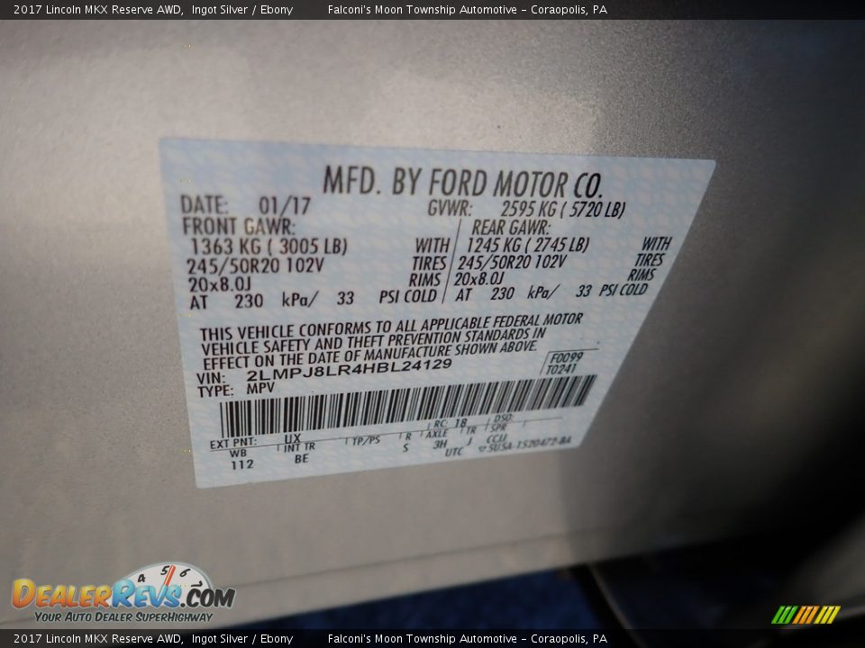 2017 Lincoln MKX Reserve AWD Ingot Silver / Ebony Photo #23