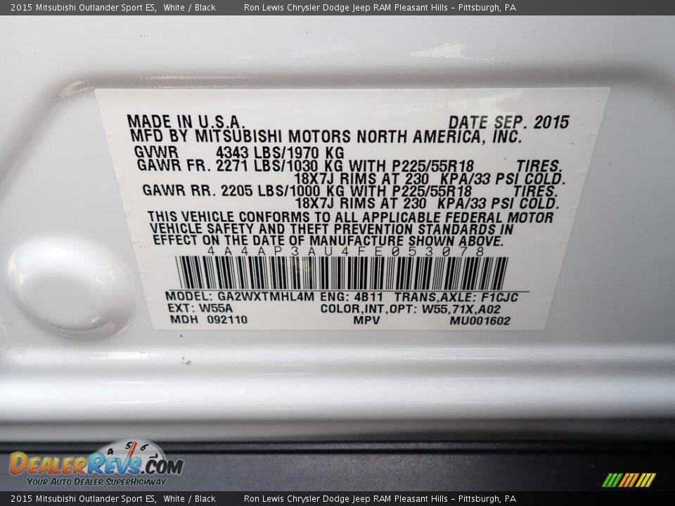 2015 Mitsubishi Outlander Sport ES White / Black Photo #15