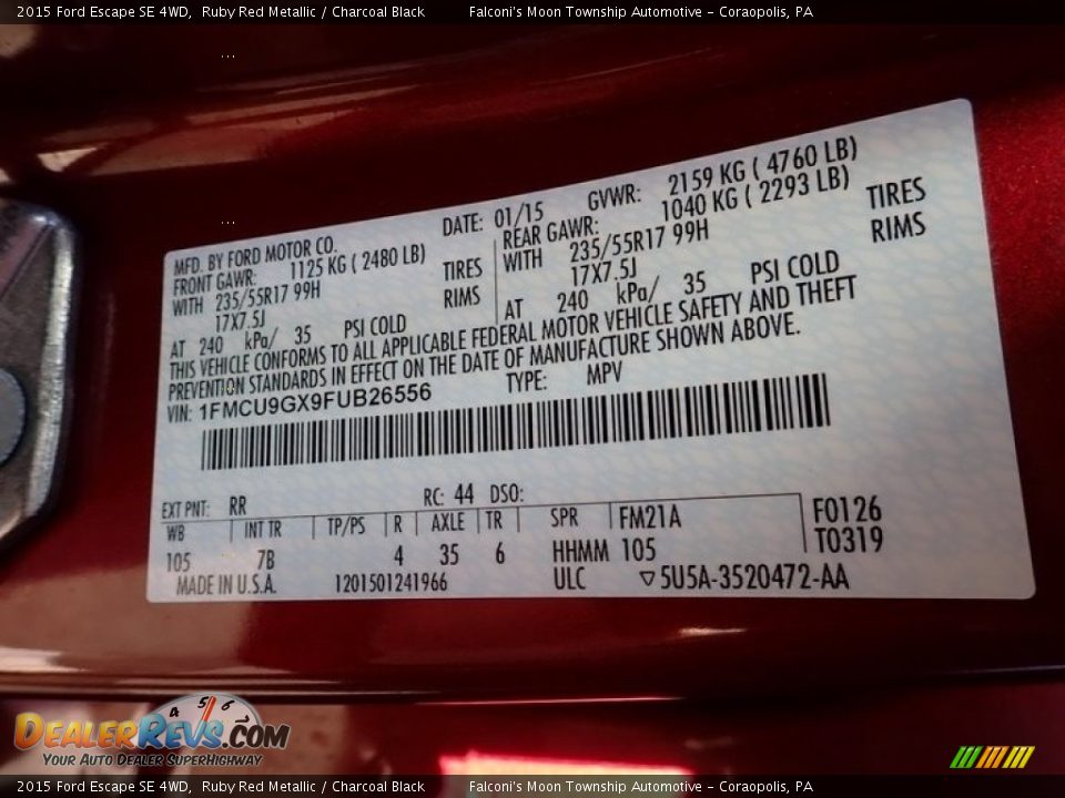 2015 Ford Escape SE 4WD Ruby Red Metallic / Charcoal Black Photo #23