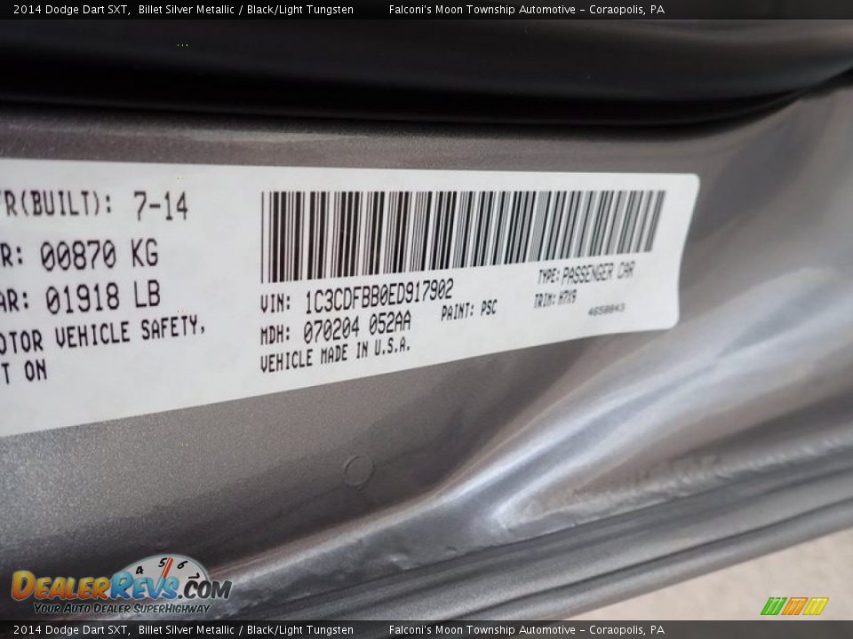 2014 Dodge Dart SXT Billet Silver Metallic / Black/Light Tungsten Photo #23