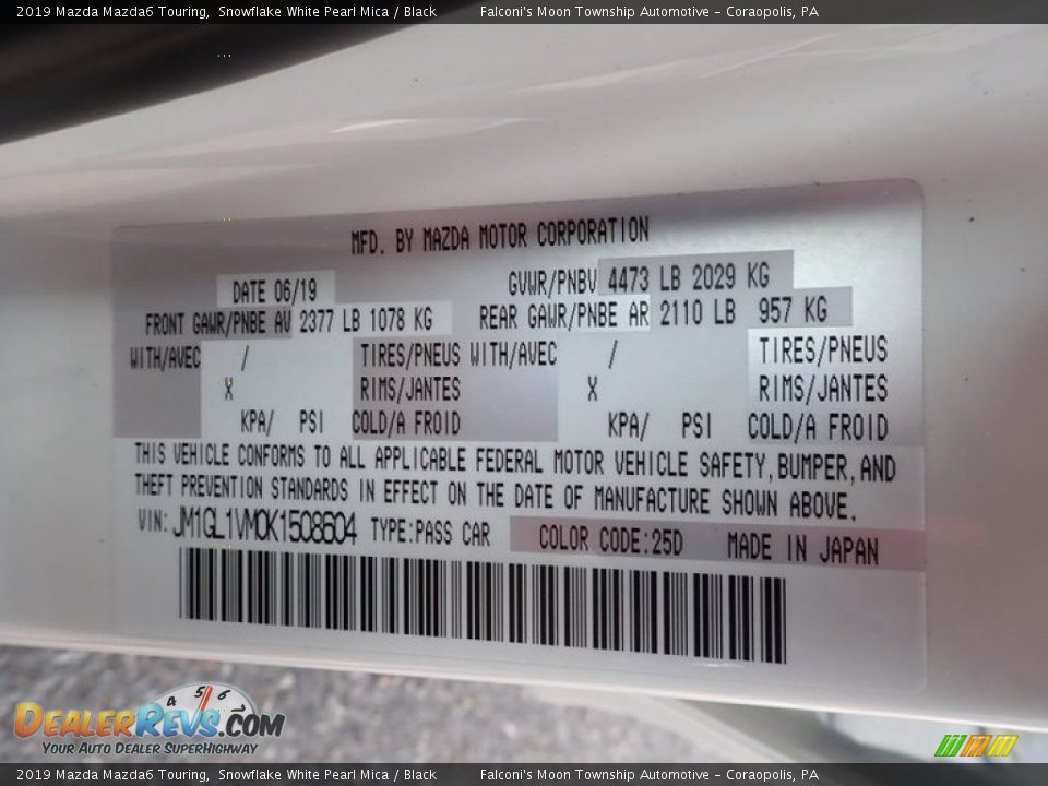 2019 Mazda Mazda6 Touring Snowflake White Pearl Mica / Black Photo #22