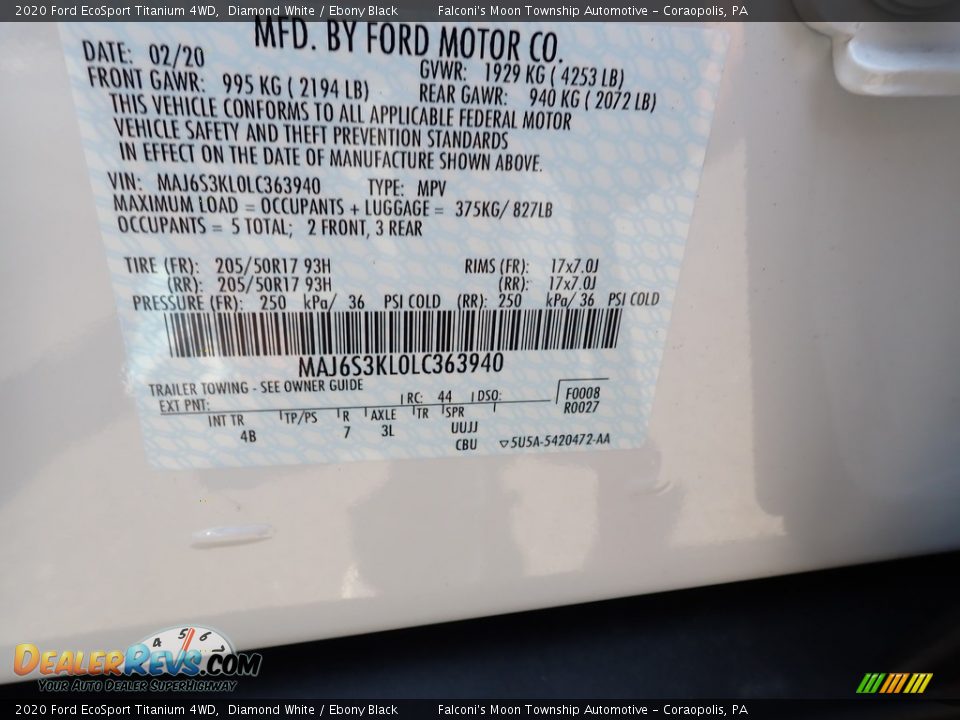 2020 Ford EcoSport Titanium 4WD Diamond White / Ebony Black Photo #11