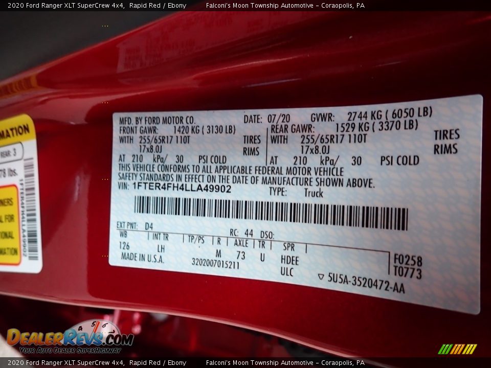 2020 Ford Ranger XLT SuperCrew 4x4 Rapid Red / Ebony Photo #13